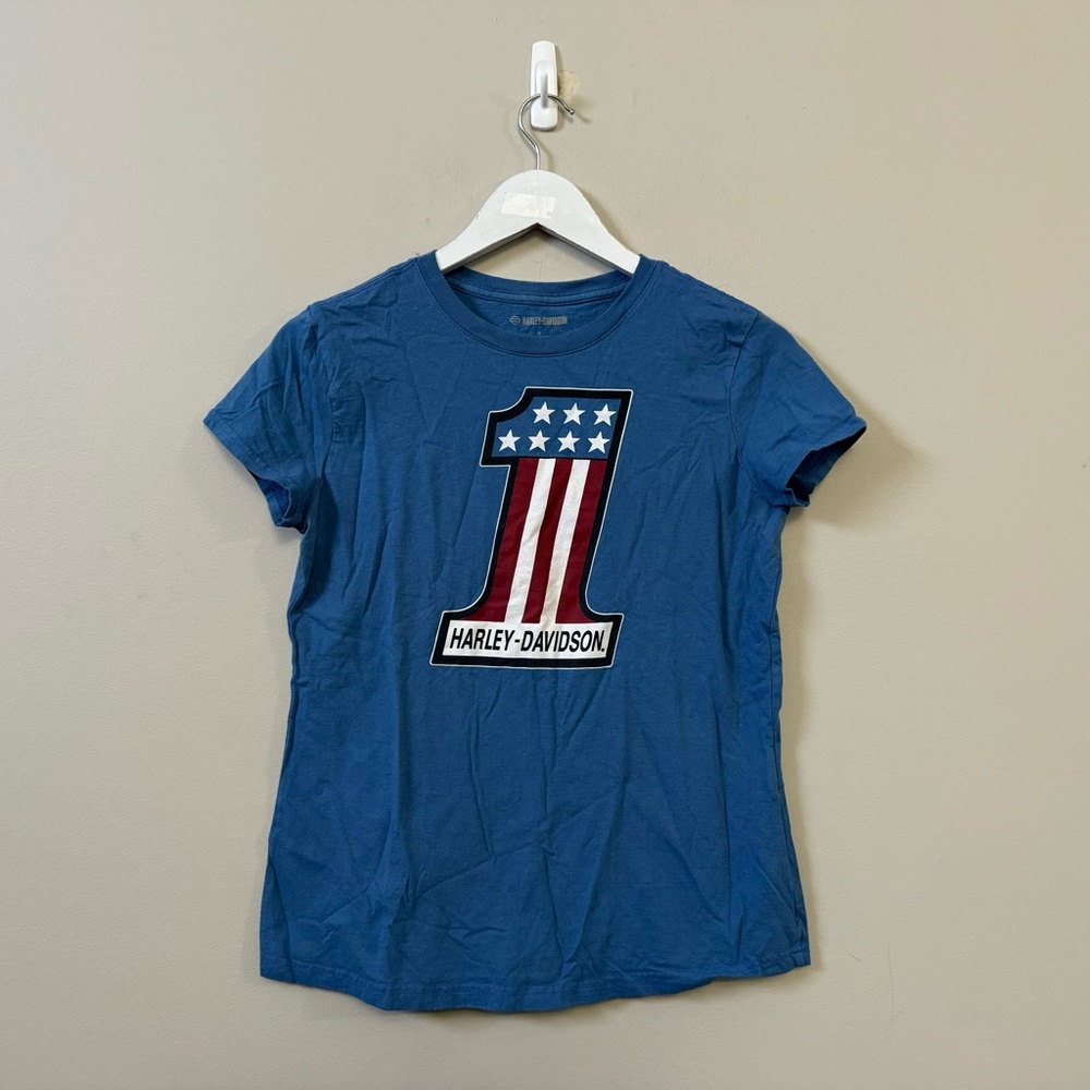 Harley Davidson #1 American flag blue short sleeve biker t shirt